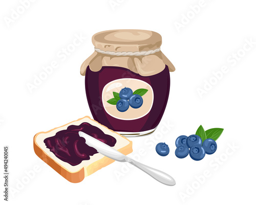 Blueberry jam set. Spread on piece of toast bread, knife, glass jar with jelly and pile of fresh blueberries isolated on white. Vector sweet food illustration in cartoon flat style.