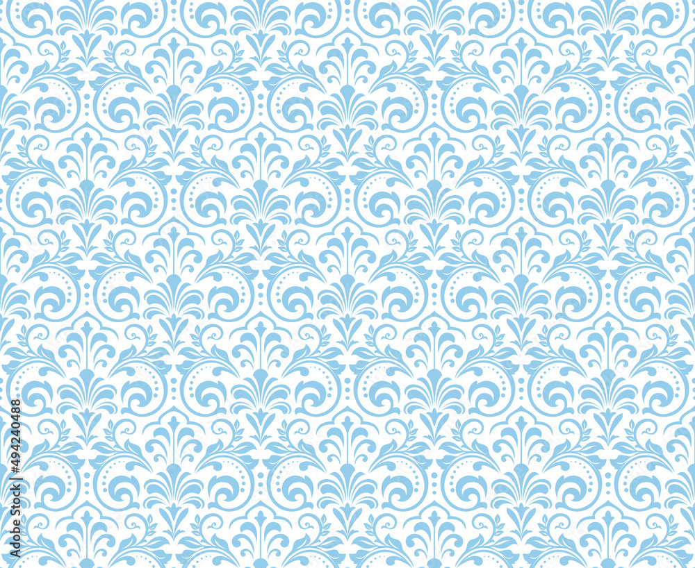 Wallpaper in the style of Baroque. Seamless vector background. White and blue floral ornament. Graphic pattern for fabric, wallpaper, packaging. Ornate Damask flower ornament Wallpaper in the style of Baroque. Seamless vector background. White and blue floral ornament. Graphic pattern for fabric, wallpaper, packaging. Ornate Damask flower ornament