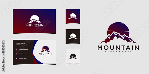 Mountain logo template with sunset and bussines card. Premium Vecor