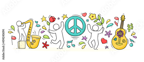 Peace symbol and happy people with flowers