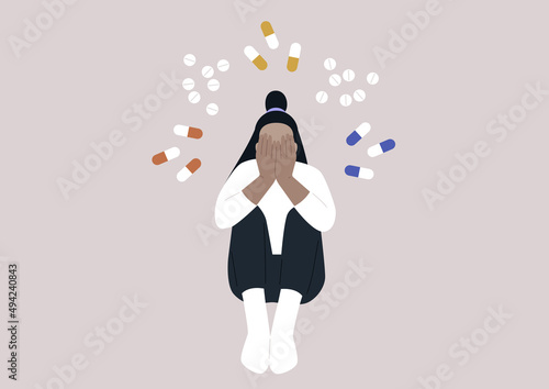 A young female character addicted to pills covering their face with hands, a moment of desperation