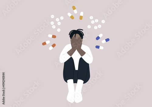 A young male African character addicted to pills covering their face with hands, a moment of desperation