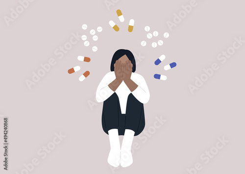 A young female character addicted to pills covering their face with hands, a moment of desperation