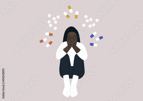 A young female African character addicted to pills covering their face with hands, a moment of desperation