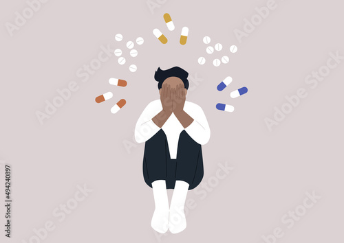 A young male character addicted to pills covering their face with hands, a moment of desperation