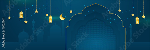 Stylish blue golden mosque design islamic banner background