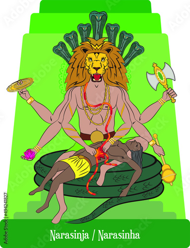 Isolated vector illustration of Hind   mythological god  narasinja  Lion god. 