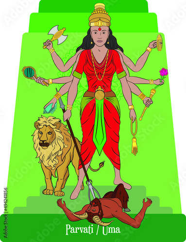 Isolated vector illustration of Hindú mythological goddess, Parvati, Uma
