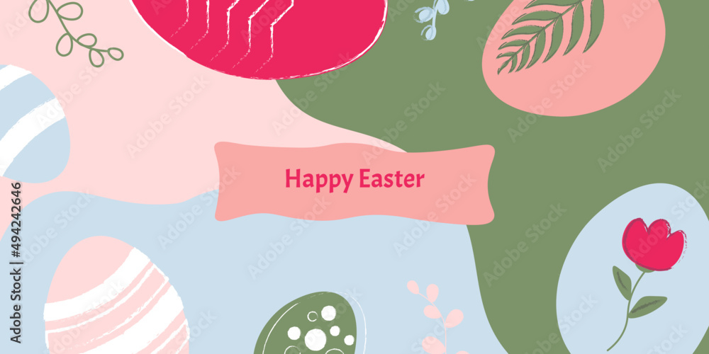 Abstract easter greeting card with eggs and leaves
