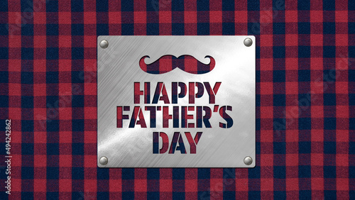 Happy Father's Day greeting and moustache in stylized die-cut brushed metal plate with rivets over buffalo plaid flannel background