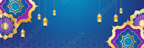 Stylish blue golden mosque design islamic banner background