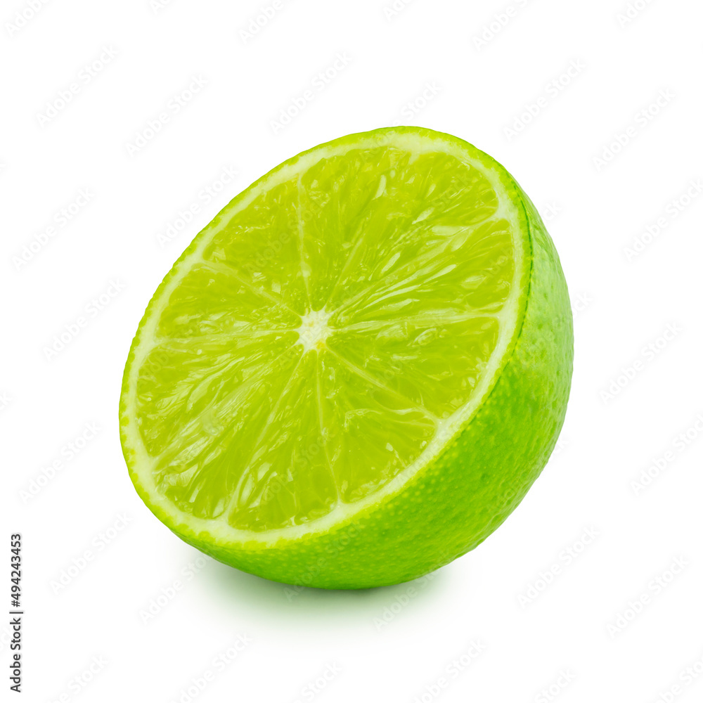 Persian or Tahiti lime citrus, seedless lime, fruit cut crosswise in half isolated on white background with clipping path, cutout. Persian or Tahiti lime citrus, seedless lime, fruit cut crosswise in half isolated on white background with clipping path, cutout.