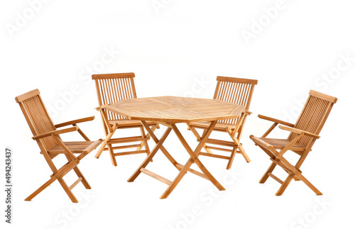 teak wooden chairs and table isolated on white background