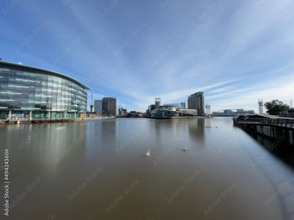 Urban landscape with modern  buildings in and around Salford Quays. 