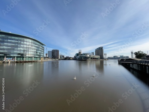 Urban landscape with modern buildings in and around Salford Quays. 