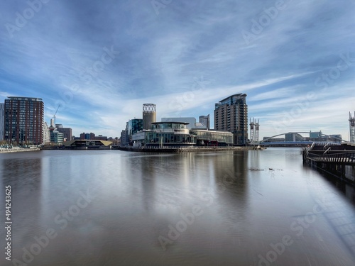 Urban landscape with modern buildings in and around Salford Quays. 