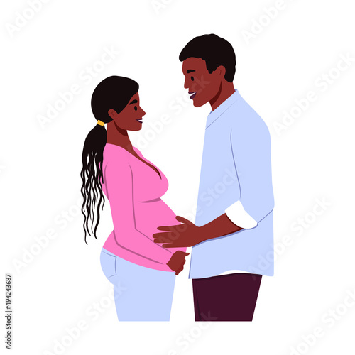 African American pregnant woman and husband isolated on the white background. Vector illustration