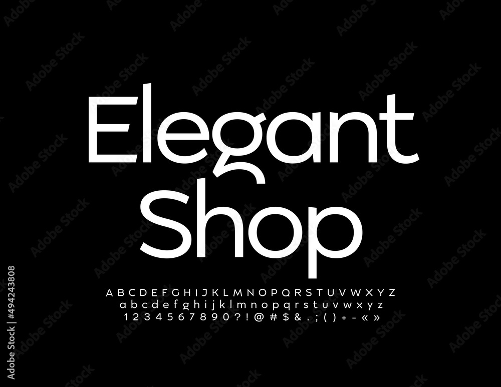 Vector stylish logo Elegant Shop. White trendy Font. Simple set of Alphabet Letters and Numbers