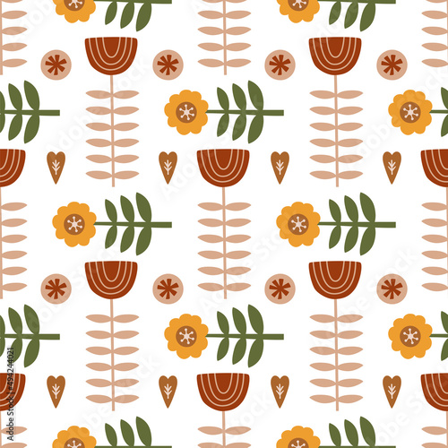 Scandinavian folk art pattern. Folk floral pattern. Swedish folk art print, seamless background, swedish textile, wallpaper in vector. Bright stylized decorative floral elements. Scandi illustration.