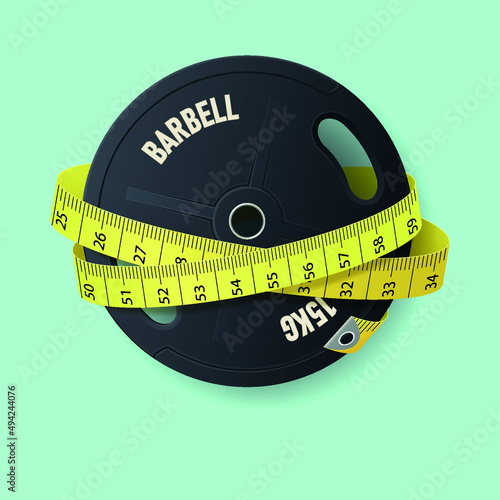 Barbell and tape measure. Sports and diet. Gym. Health. Vector illustration, symbol of health, sports, proper nutrition