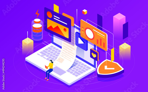 Character sitting in front of computer with a lot of data on computer screen, cyber security vector illustration