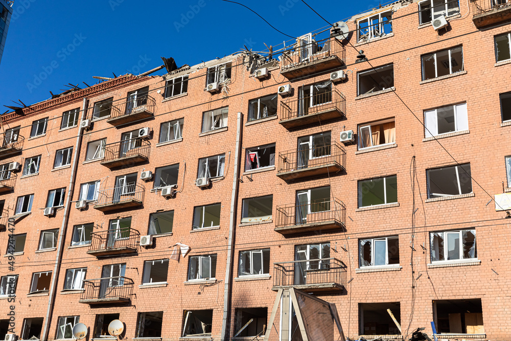 Building damaged by russian rocket attack in Kyiv