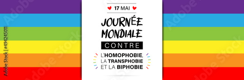 Journée mondiale contre l'homophobie, la transphobie et la biphobie - Bannière - 17 mai - Titre et illustrations LGBT - LGBTQIA+