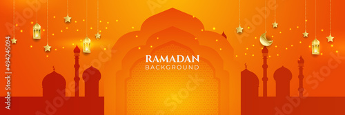 Stylish orange golden mosque design islamic banner background