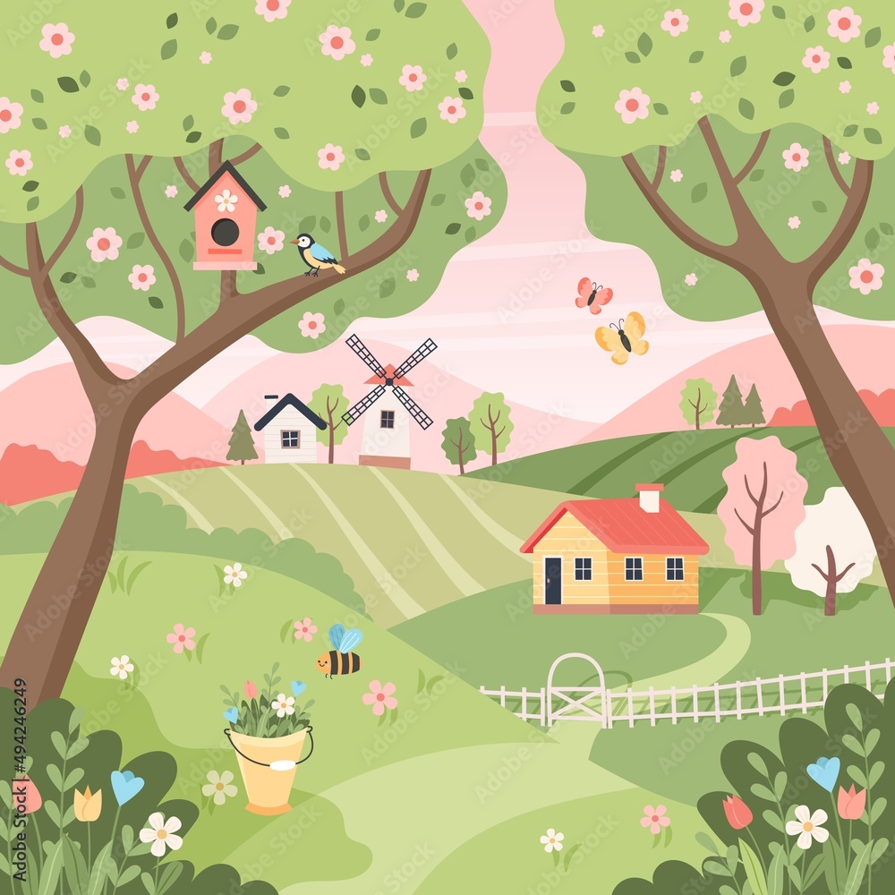 Obraz premium Spring rural landscape with trees, fields, houses and windmill. Easter background, countryside landscape. Vector illustration in flat style