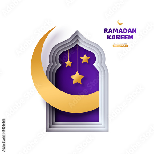 Ramadan Kareem greeting card. Paper cut crescent moon in mosque window with stars. Arabian night Voucher Template, place for text. Vector illustration.