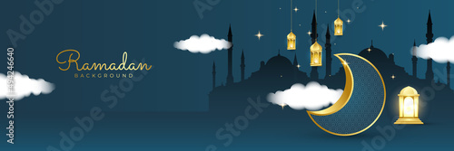 Stylish blue golden mosque design islamic banner background