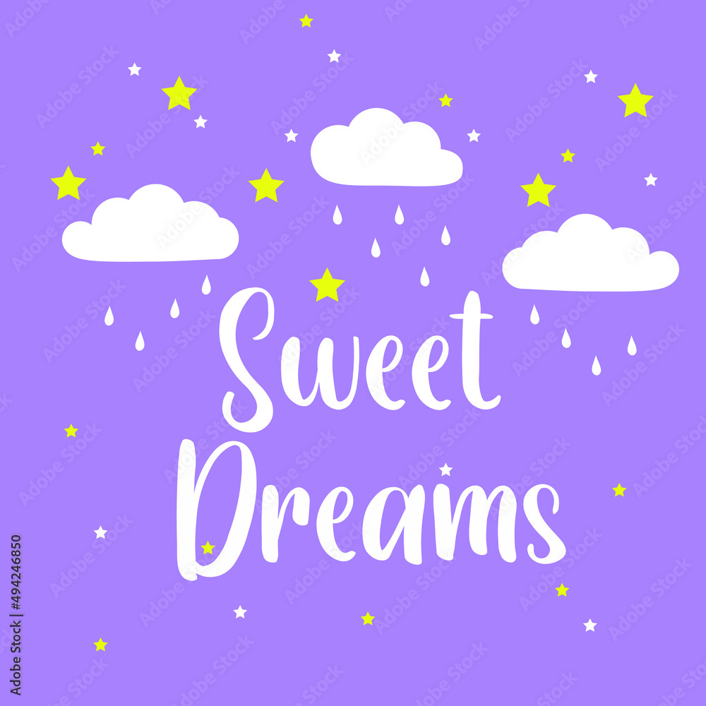 Sweet dreams hand lettering with clouds and hanging stars. Vector