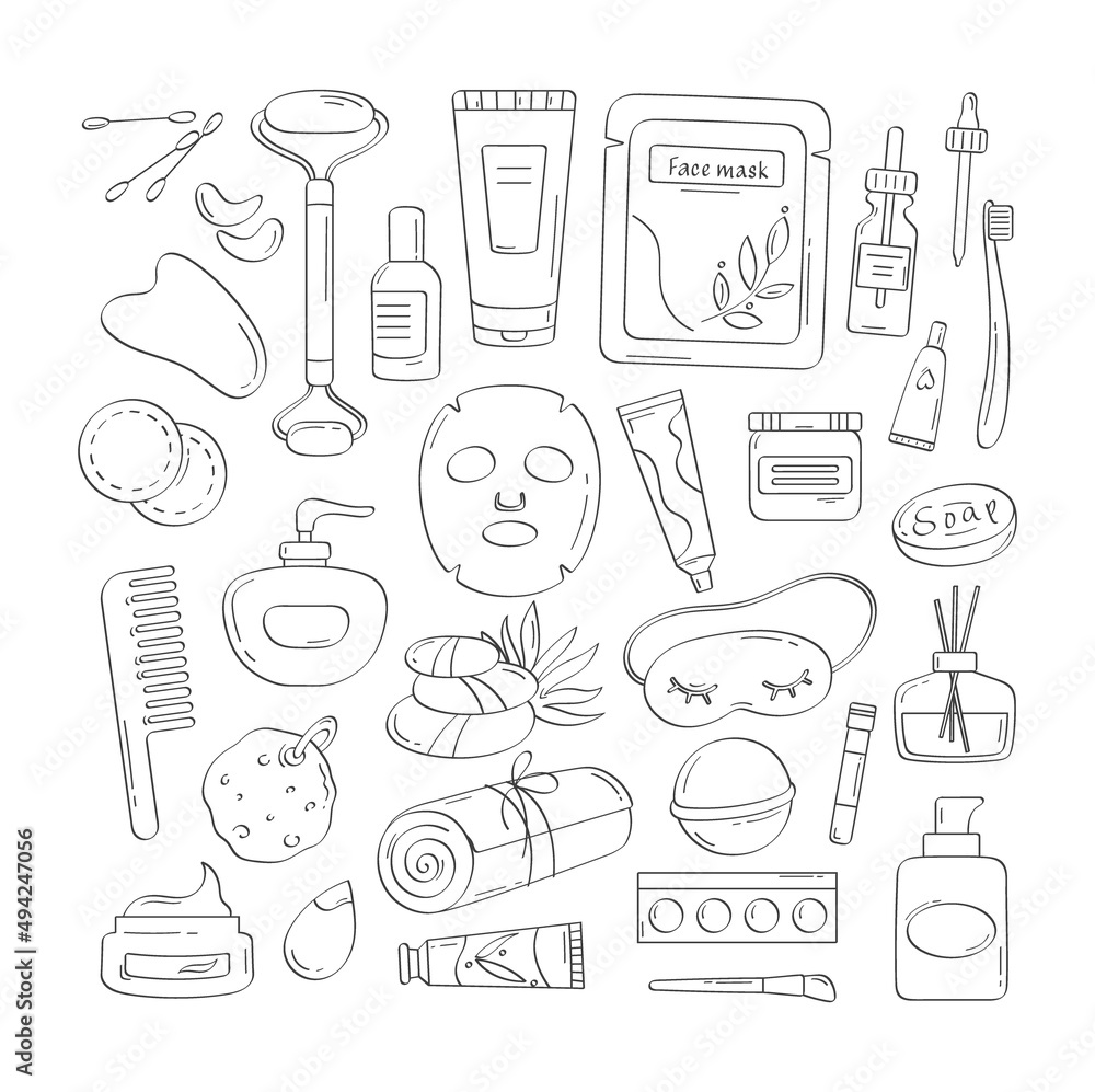 Skin care icon products. Vector set of hand drawn hygiene beauty outline products with herbal creams, oil, lotion, face mask, makeup tools, towel, bath accessories. Natural organic cosmetics