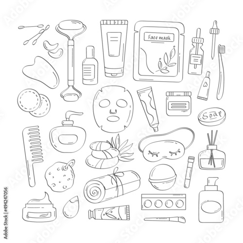 Skin care icon products. Vector set of hand drawn hygiene beauty outline products with herbal creams, oil, lotion, face mask, makeup tools, towel, bath accessories. Natural organic cosmetics