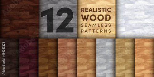 Realistic Wood seamless patterns set. Wooden plank, textured board, natural brown and grey floor, wall repeat texture. Vector material pattern for design, flat interior, print, photo background, decor
