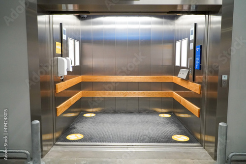 Inside a large elevator for delivering large items.