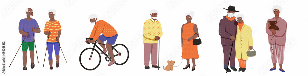 active African American pensioners. Elderly black people who are actively spending time, cycling, Norwegian walking active African American pensioners. Elderly black people who are actively spending time, cycling, Norwegian walking
