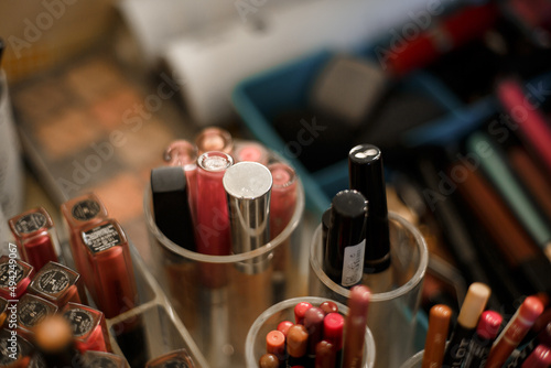 table with cosmetics
lip pencils