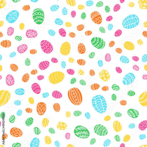 Seamless pattern Easter eggs in candy colors. Vector illustration, small pattern, chaotic order, size dynamics. Design for fabric, background, wrapping paper