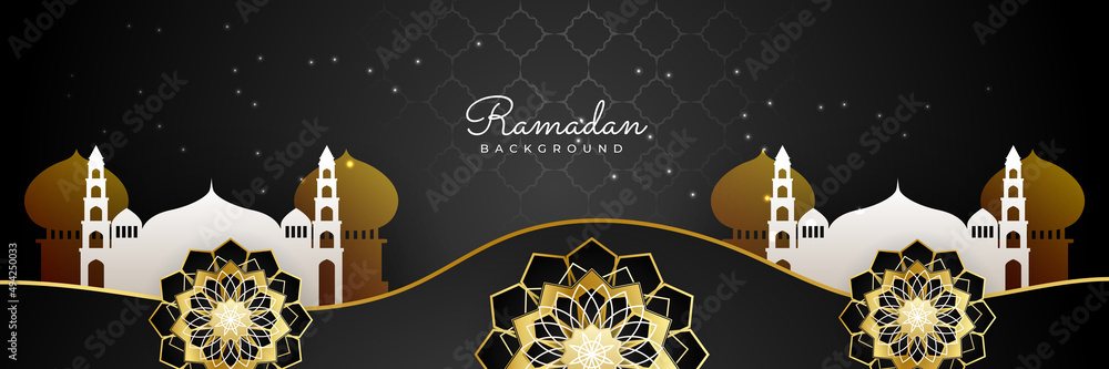 Stylish black golden mosque design islamic banner background