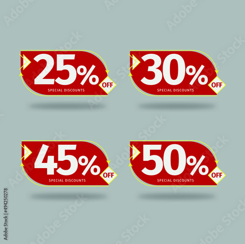 25% off, 30% off, 45%0ff and 50% off. Set of tag discounts. Banner with four red and yellow with special offers vector. Editable text.
