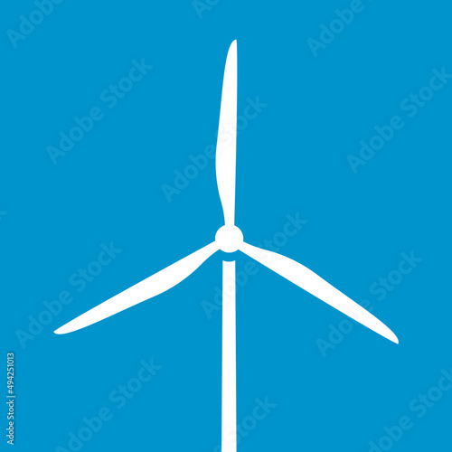 White windmill on blue background. Simple wind turbine design.