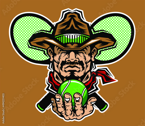 rugged cowboy mascot holding tennis ball with crossed racquets for school, college or league