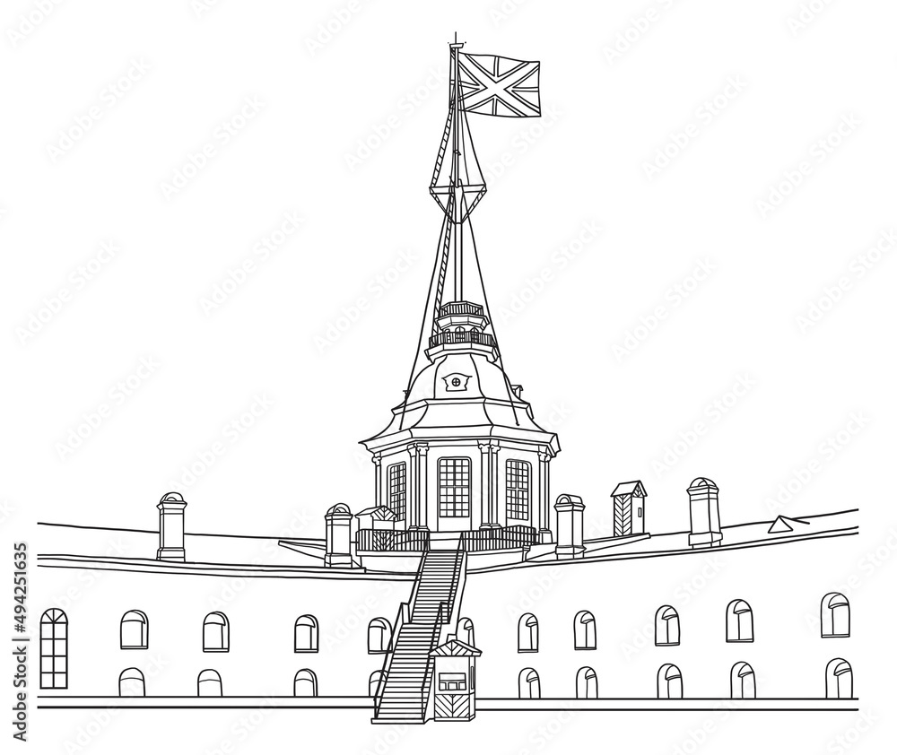 A Flag Tower of Peter and Paul fortress in Saint Petersburg Russia, line art architecture drawing, hand drawn city scape illustration on white background
