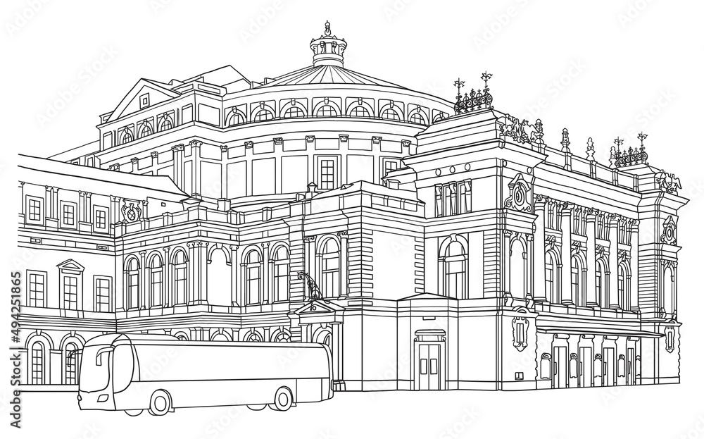 The Mariinsky Theatre in Saint Petersburg Russia, line art architecture drawing, hand drawn city illustration on white background