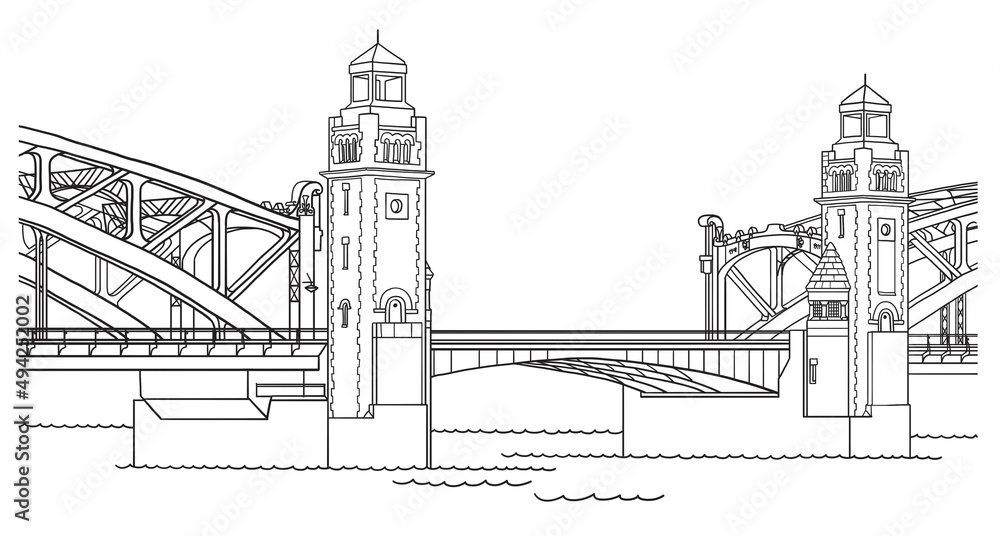 Obraz premium Bolsheokhtinsky Bridge across Neva river in Saint Petersburg Russia, line art architecture drawing, hand drawn sculpture illustration on white background