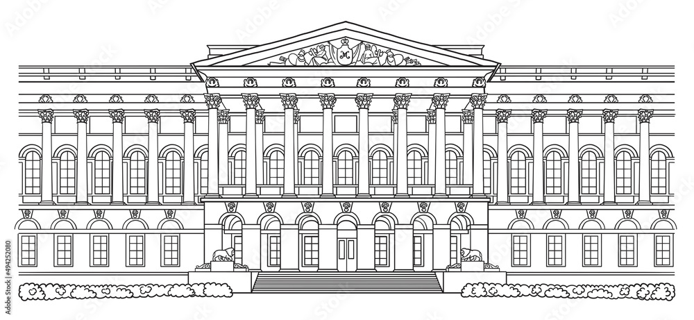 Mikhailovsky Palace in Saint Petersburg Russia, line art architecture drawing, hand drawn The State Russian Museum illustration on white background