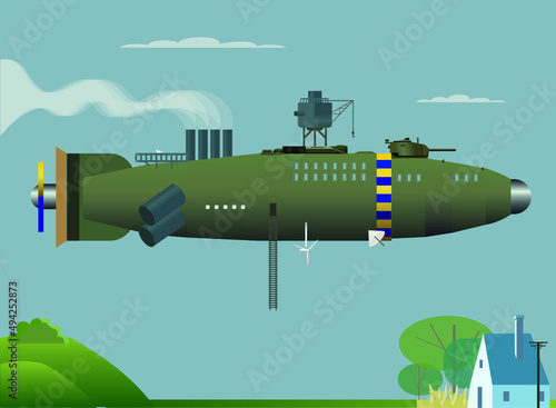 Dieselpunk or steampunk military zeppelin floating above the european village, vector illustration
