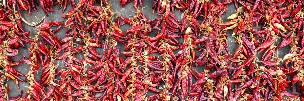 Fototapeta premium Hungarian paprika garlands drying in the sun in Budapest, Hungary. Panoramic background