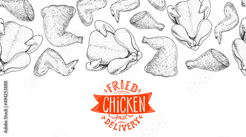 Grilled and Fried chicken. Hand drawn sketch illustration. Grilled chicken meat top view frame. Vector illustration. Engraved design. Restaurant menu design template.
